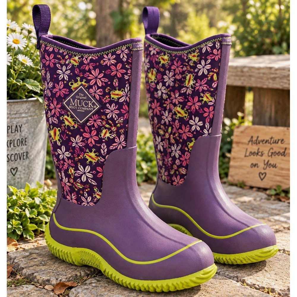 Muck Boot Kids Hale Purple Frogs Floral Rain Boots Waterproof US 4 EU 34